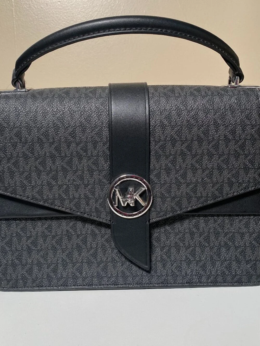 NWT Michael Kors Greenwich Medium Top Handle Satchel Black MK Signature